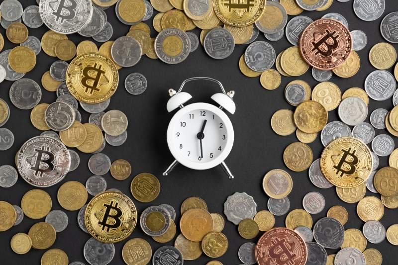 Bitcoin coins around a clock with mixed currency coins, showing time, volatility, and Crypto30x.com Bitcoin Price movement.