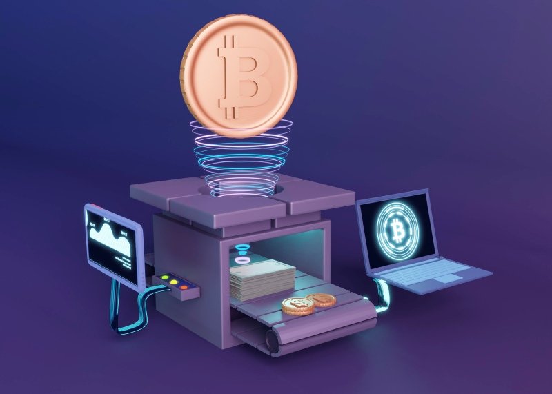 Crypto30x.com concept image showing a digital Bitcoin machine, laptop, screen, and crypto payment interface.